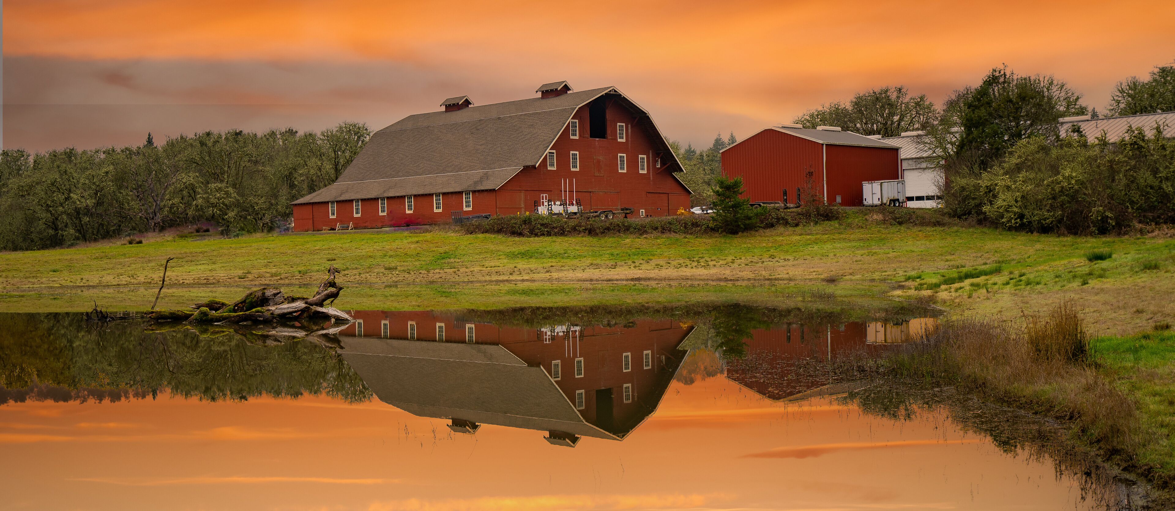 A red barn and a white building on a grassy field with a pond reflecting the structures.