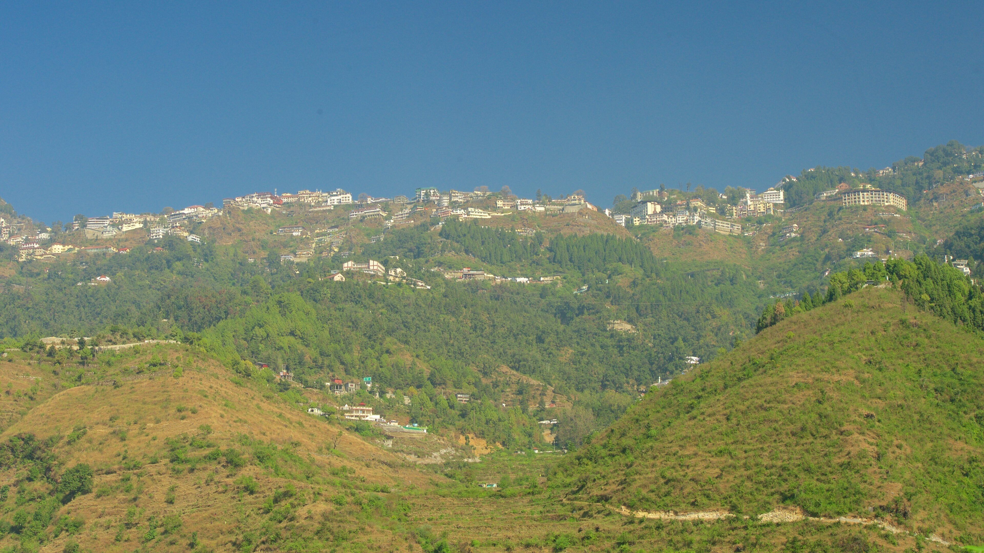 A hillside with scattered buildings and dense green vegetation.