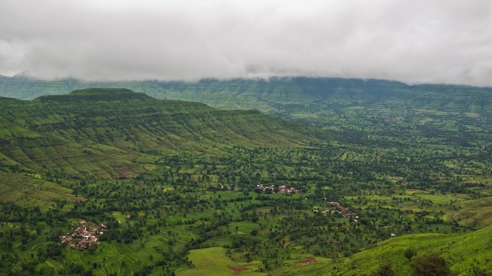 A lush green valley with terraced fields and scattered houses.