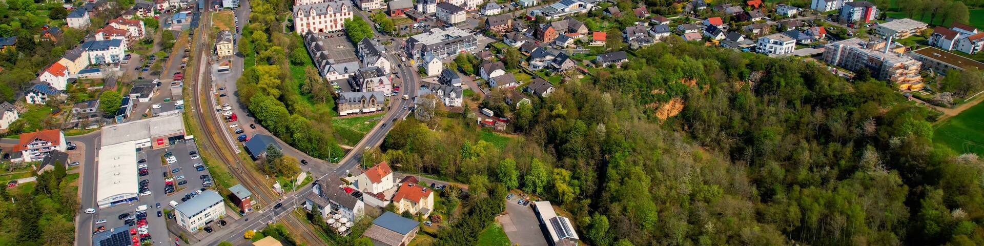 Aerial view around the old town of the city Hadamar, Germany on a cloudy spring day