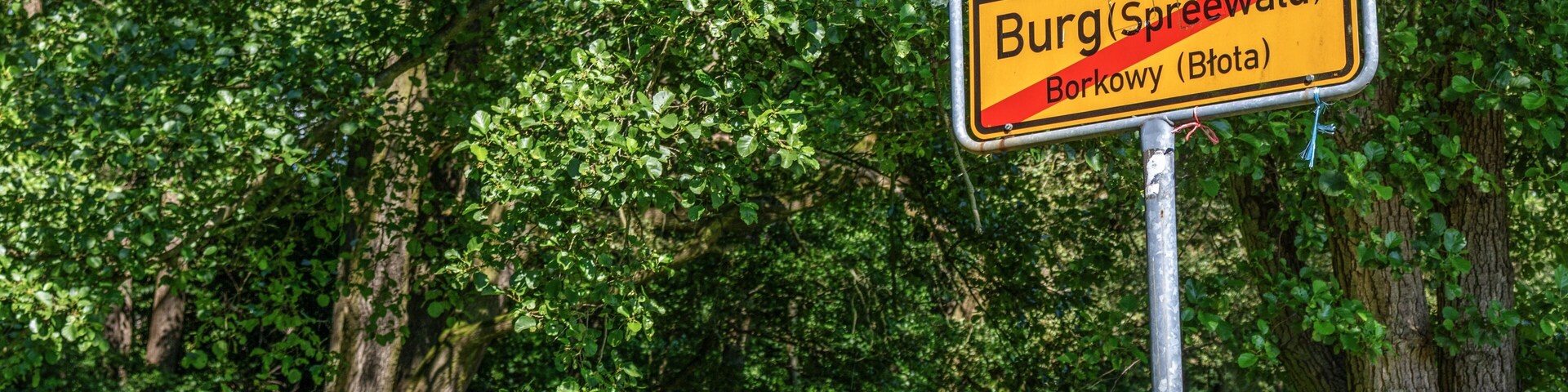 Una señal amarilla con texto negro que indica direcciones a Burg (Spreewald), Borkowy (Bota), y una línea roja.