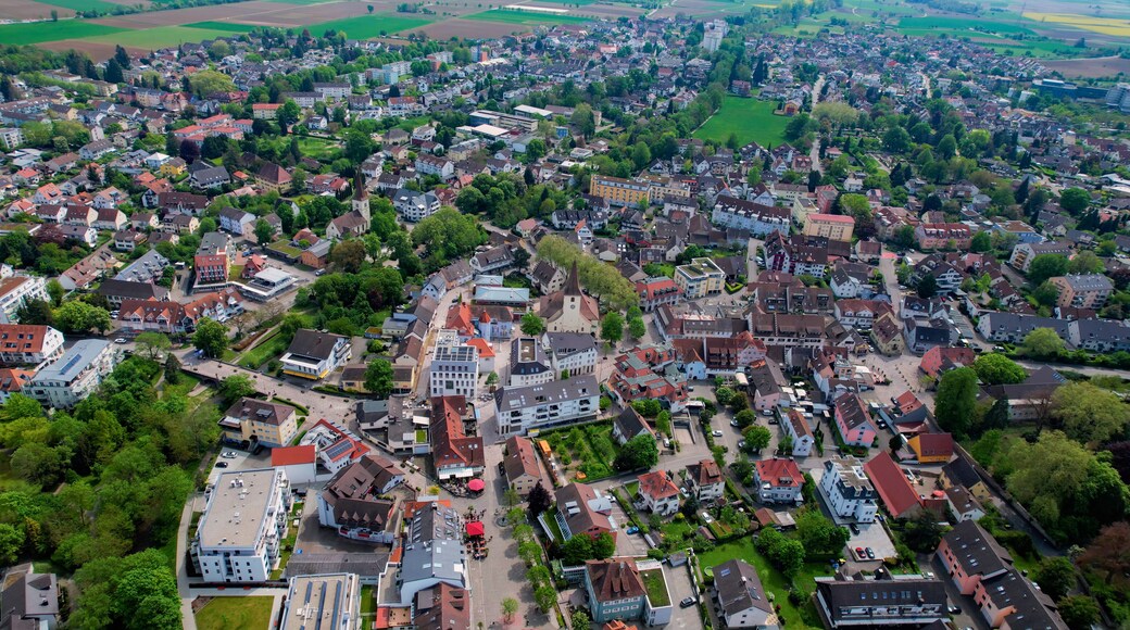 Panoramic aerial of the old town of the city Bad Krozingen in Germany on a sunny afternoon in summer