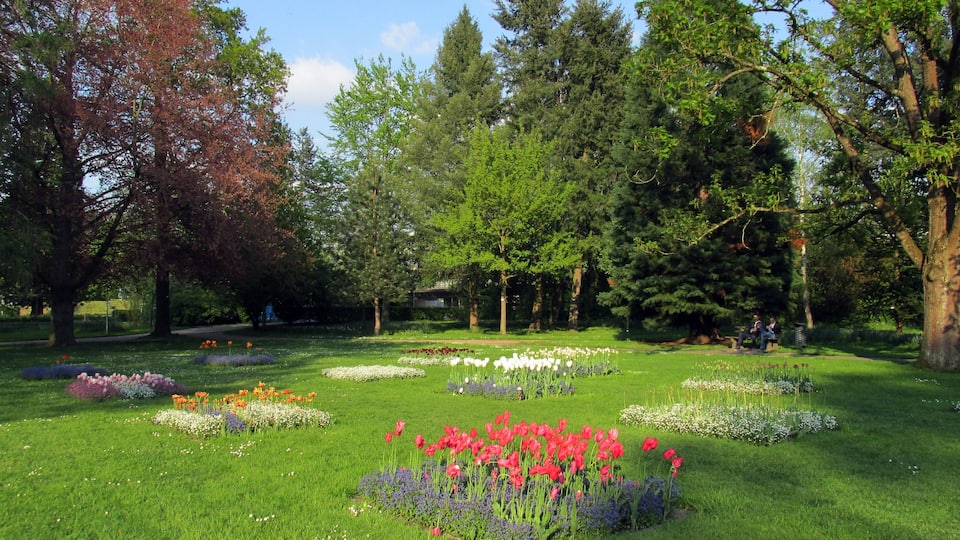 A park with various flower beds, trees, and a pathway.