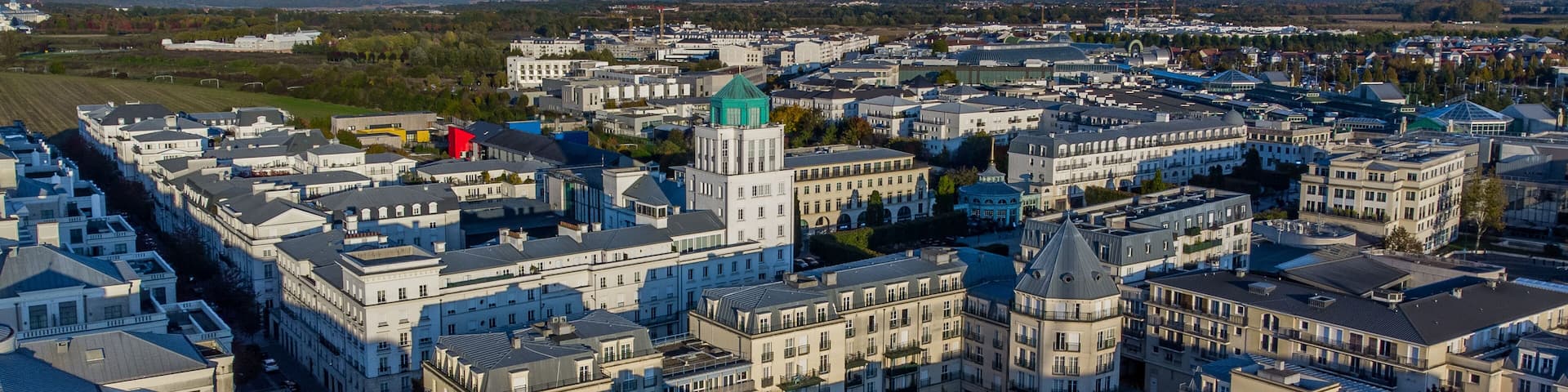 Aerial view of the new town of Val d'Europe in Marne La Vallée, in the eastern suburbs of Paris, France - Modern residential appartment buildings and offices in development