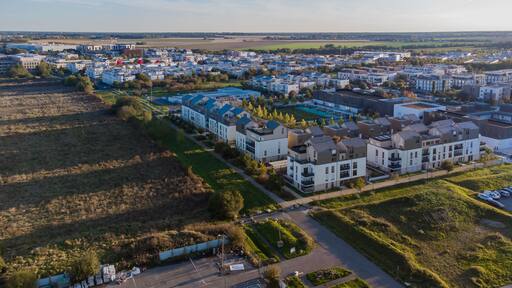 Aerial view of new residential buildings in Montévrain, near Val d'Europe and part of Marne La Vallée, in the eastern suburbs of Paris, France