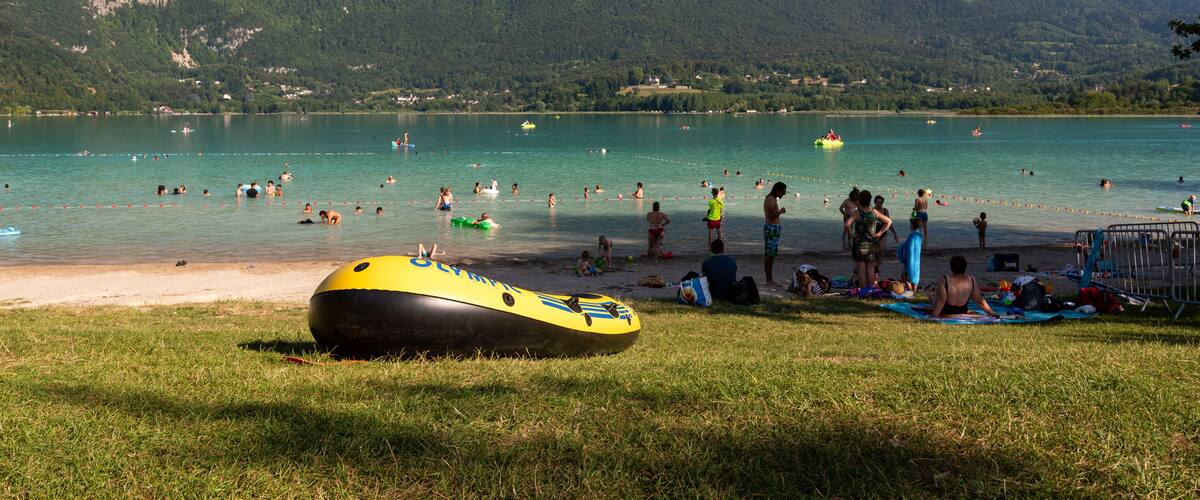 Sougey Beach on the edge of Lac d'Aiguebelette, a natural lake know for its blue-green colour, located in the commune of Aiguebelette-le-Lac, within the department of Savoie, France.
