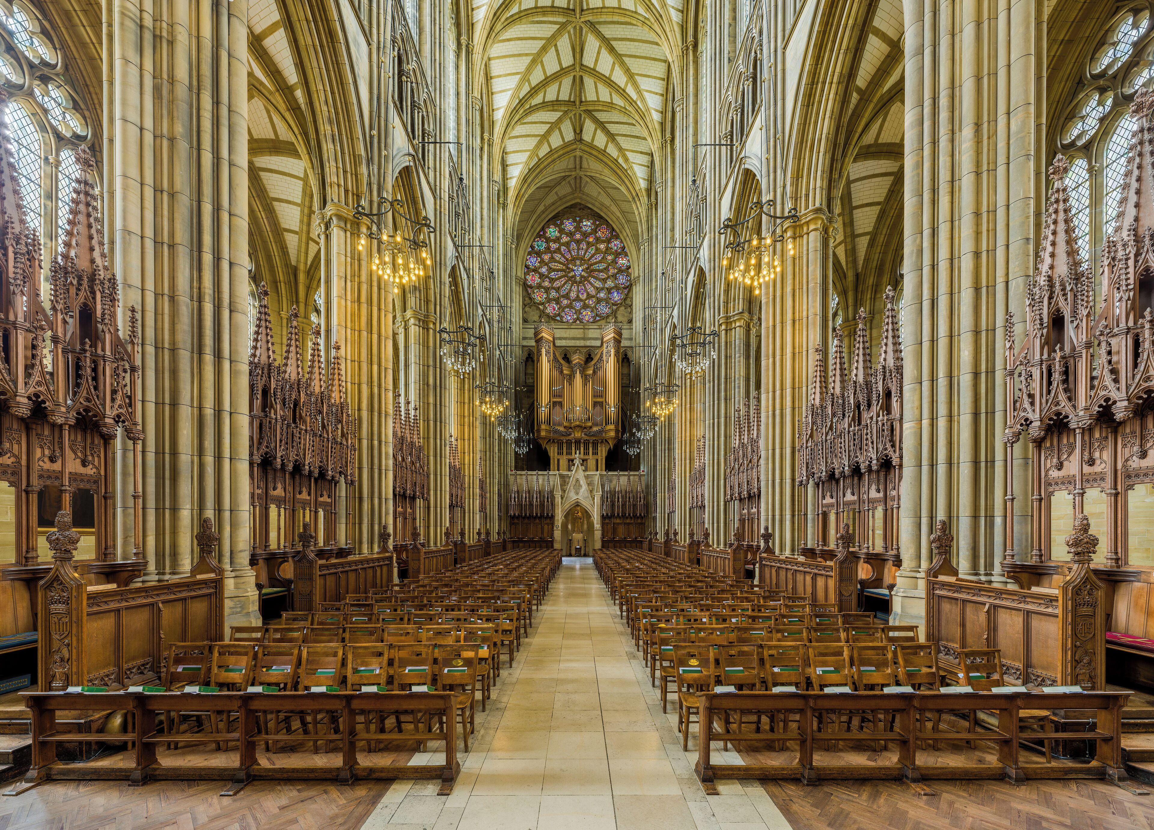 The nave of Lancing College Chapel facing west in West Sussex, England.