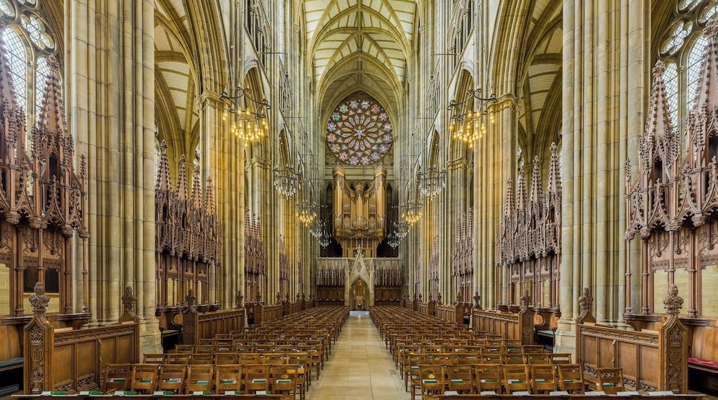 The nave of Lancing College Chapel facing west in West Sussex, England.