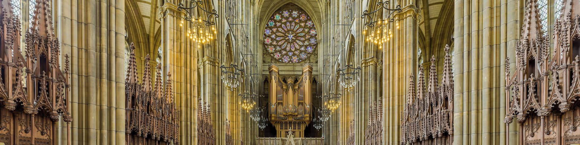 The nave of Lancing College Chapel facing west in West Sussex, England.