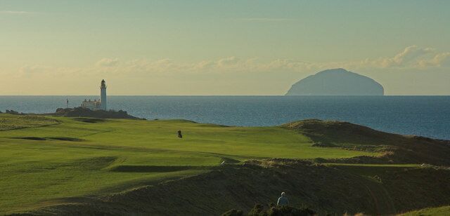 Turnberry Golf Course, Lighthouse and Ailsa Craig. Facing South West