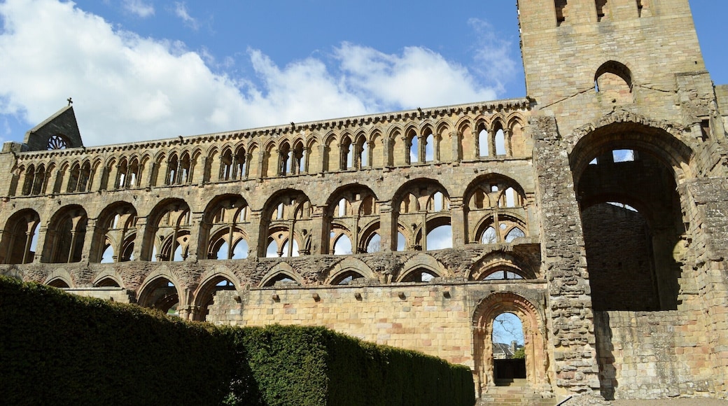 Jedburgh Abbey, a ruined Augustinian abbey which was founded in the 12th century, is situated in the town of Jedburgh, in the Scottish Borders 10 miles (16 km) north of the border with England at Carter Bar. Jedburgh is the largest town on the A68 between Newcastle upon Tyne and the Scottish capital, Edinburgh