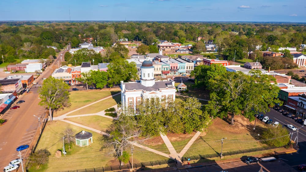 Aerial view of the Courthouse Square in Canton, MS