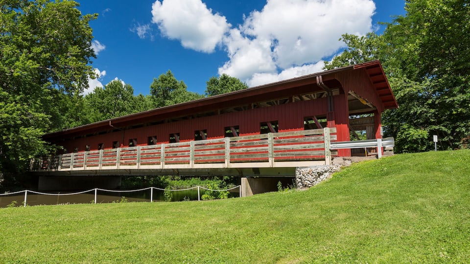 A red covered bridge with white railings, surrounded by green trees and a clear blue sky.