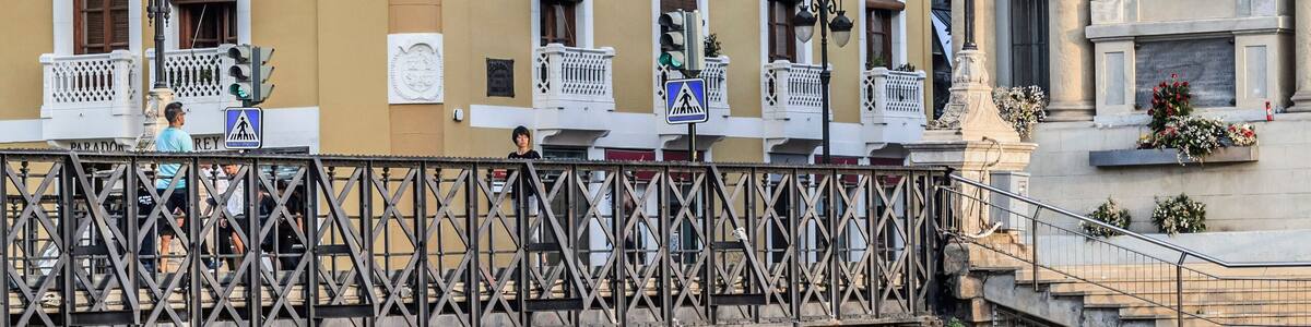 City view, arched stone bridge,Puente de los Peligros and ancient buildings,Murcia,Spain.