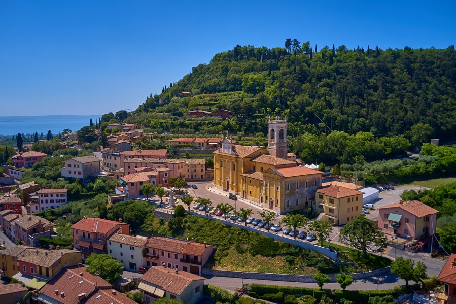 Photo with drone. Beautiful view of the city of Cavaion Veronese and its surroundings of Lake Garda, Italy.
