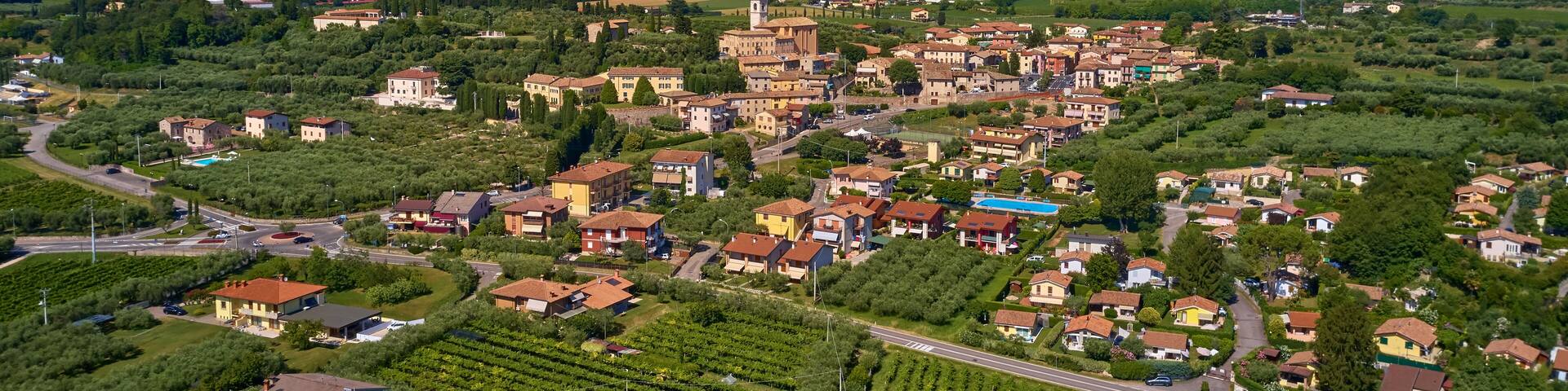 Aerial view, Parish of San Giovanni Battista, city Cavaion Veronese, Italy