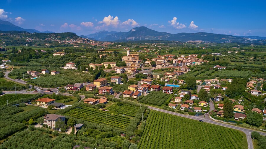 Aerial view, Parish of San Giovanni Battista, city Cavaion Veronese, Italy