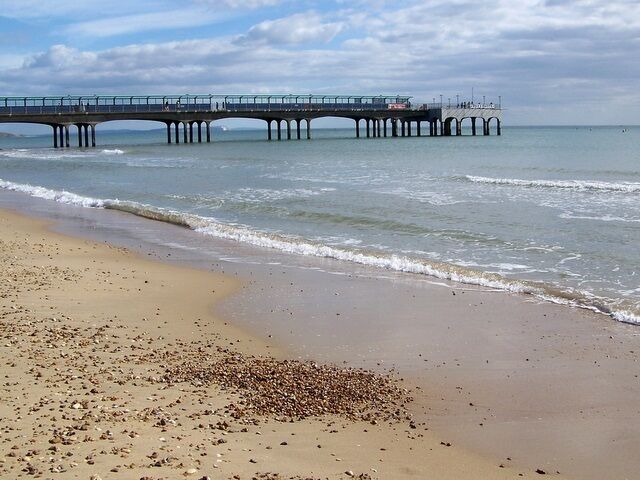 Una playa con un muelle que se adentra en el agua.