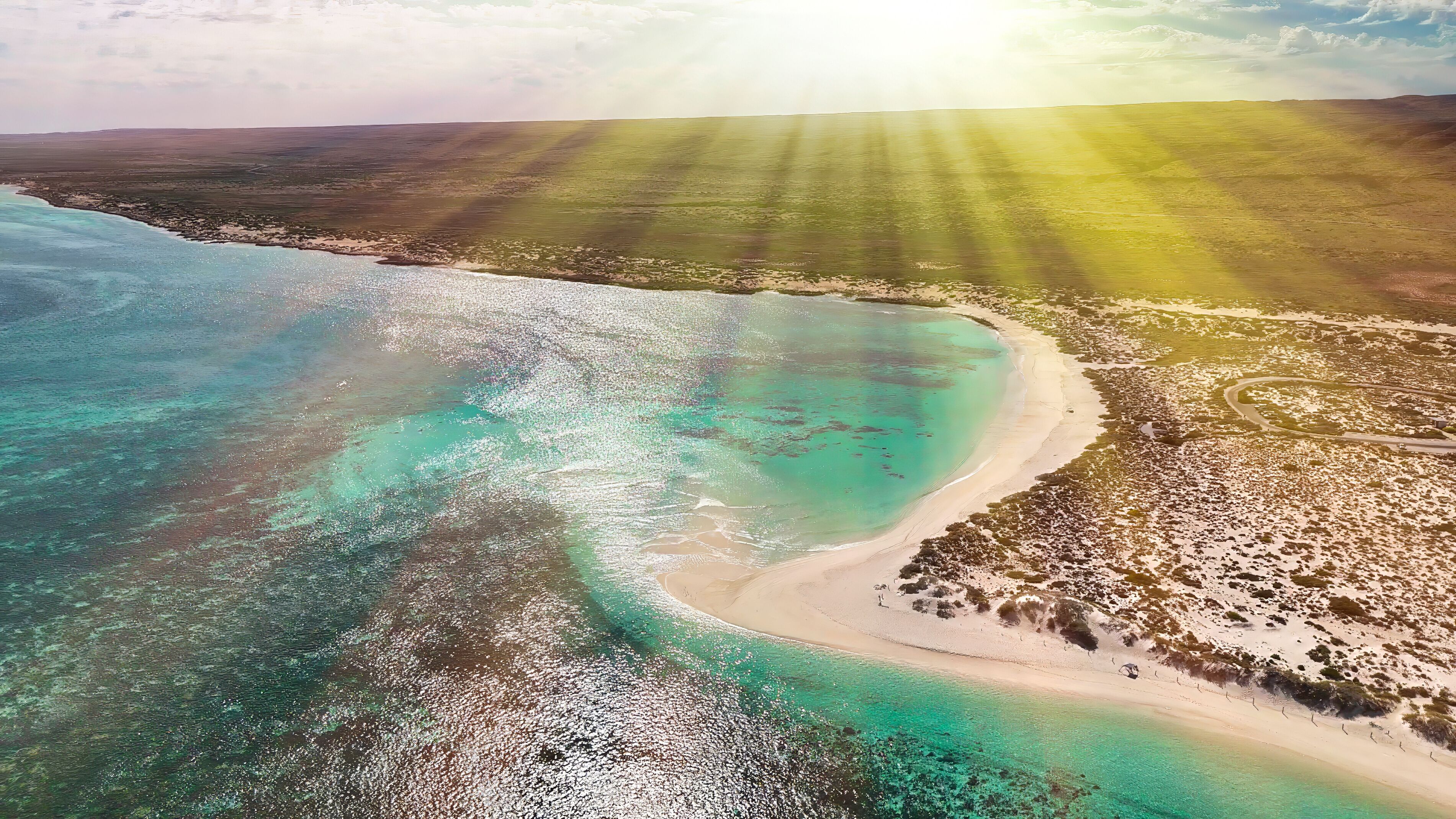 Aerial view of Turquoise Bay beach in Exmouth, Western Australia with clear blue waters