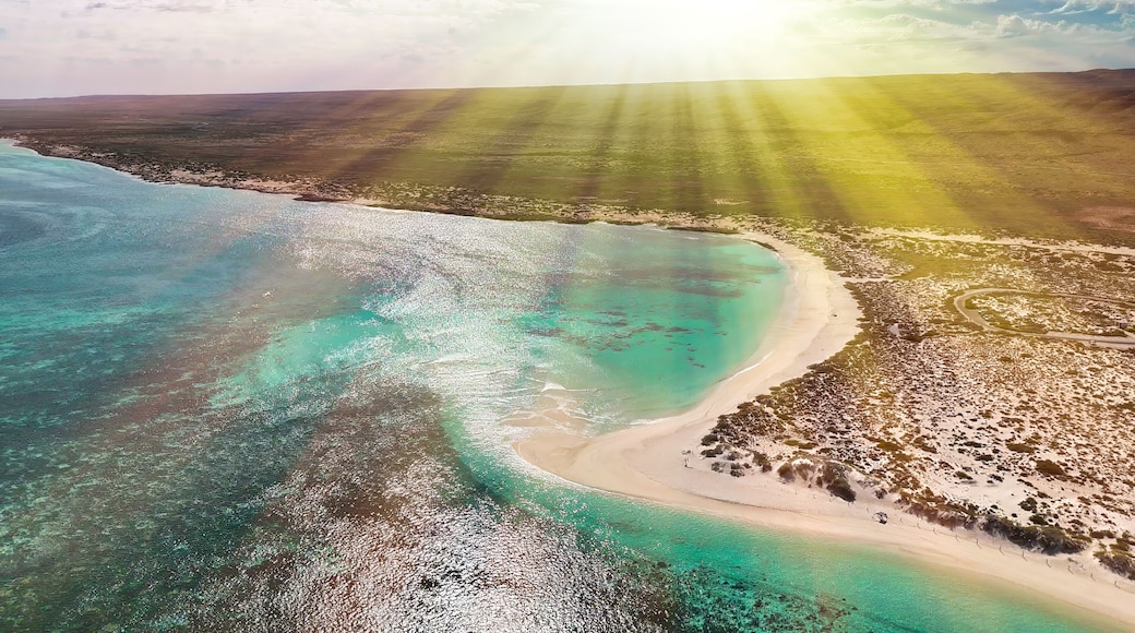 Aerial view of Turquoise Bay beach in Exmouth, Western Australia with clear blue waters