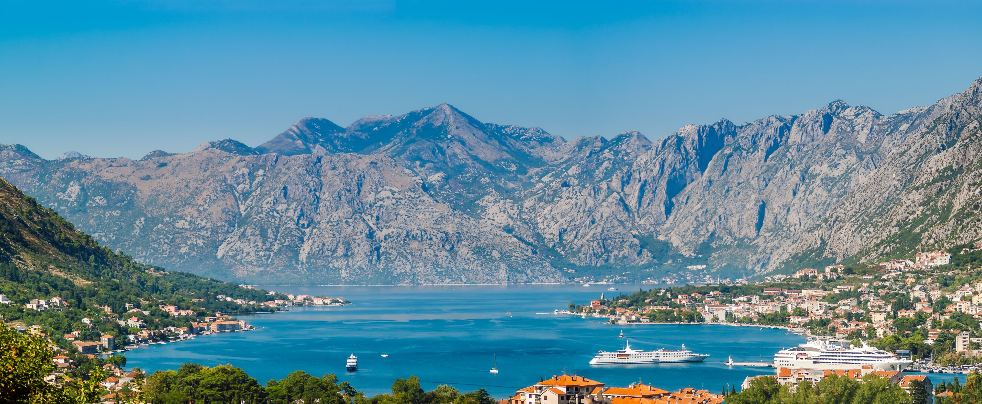 Top view of panorama of Kotor Bay, Montenegro on a sunny summer day.