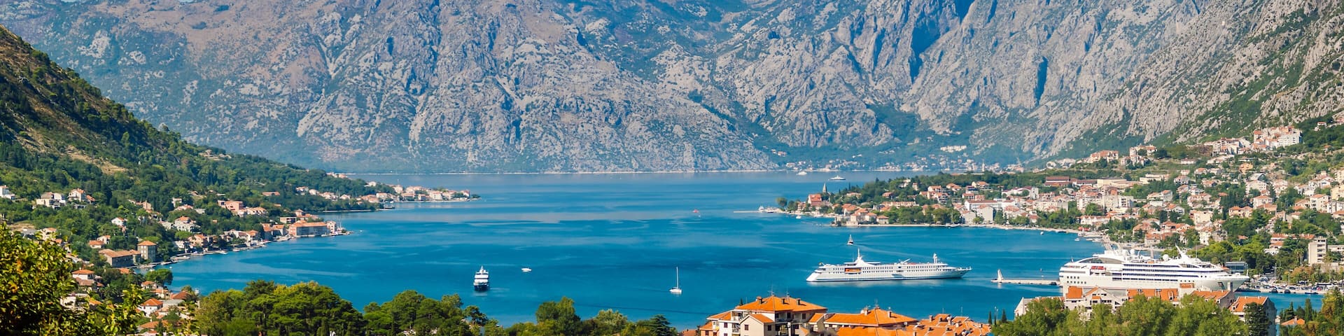 Top view of panorama of Kotor Bay, Montenegro on a sunny summer day.