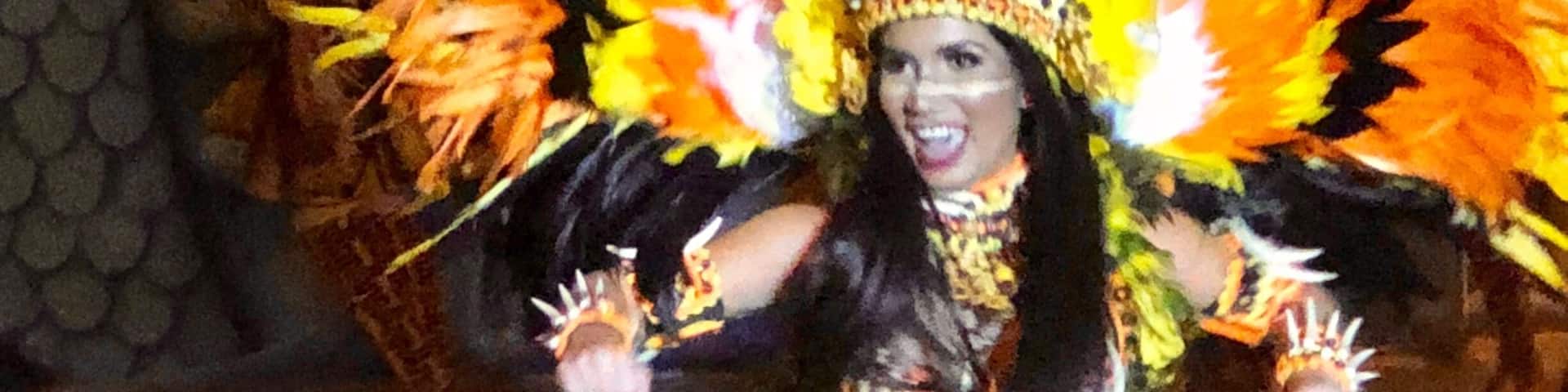 A person in a vibrant costume with a large, elaborate headdress adorned with feathers and beads.