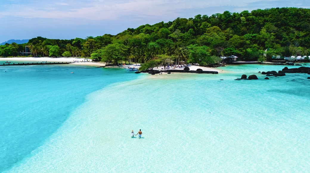 Beautiful turquoise waters invite visitors to explore the serene beach at a tropical paradise resort