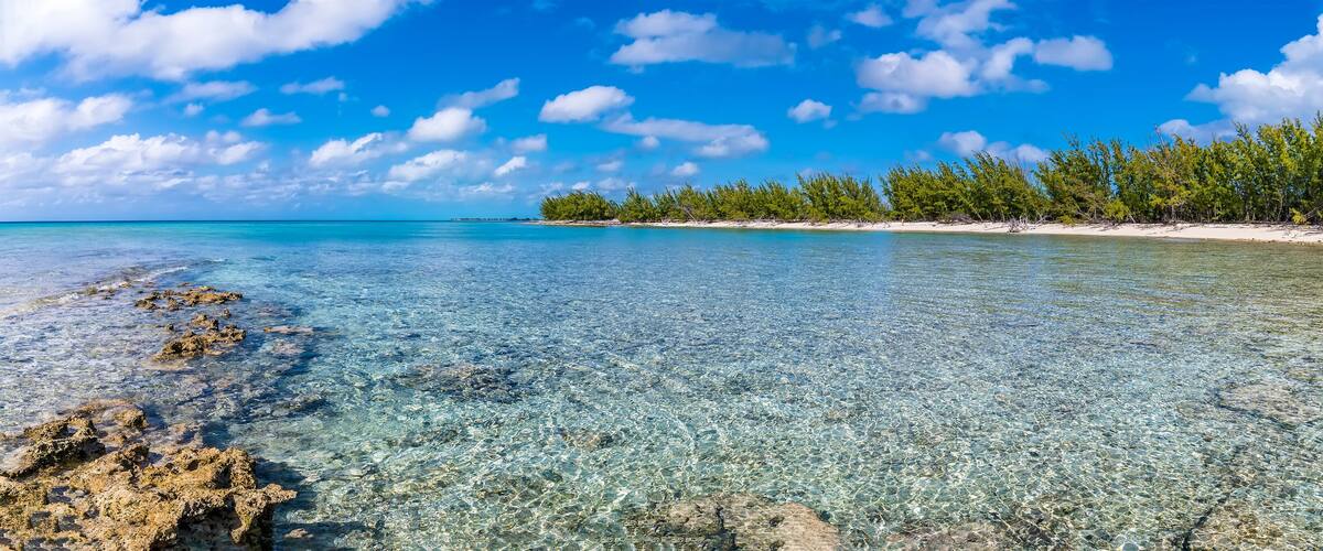 A clear turquoise sea, a sandy beach, and a line of green trees under a blue sky with clouds.