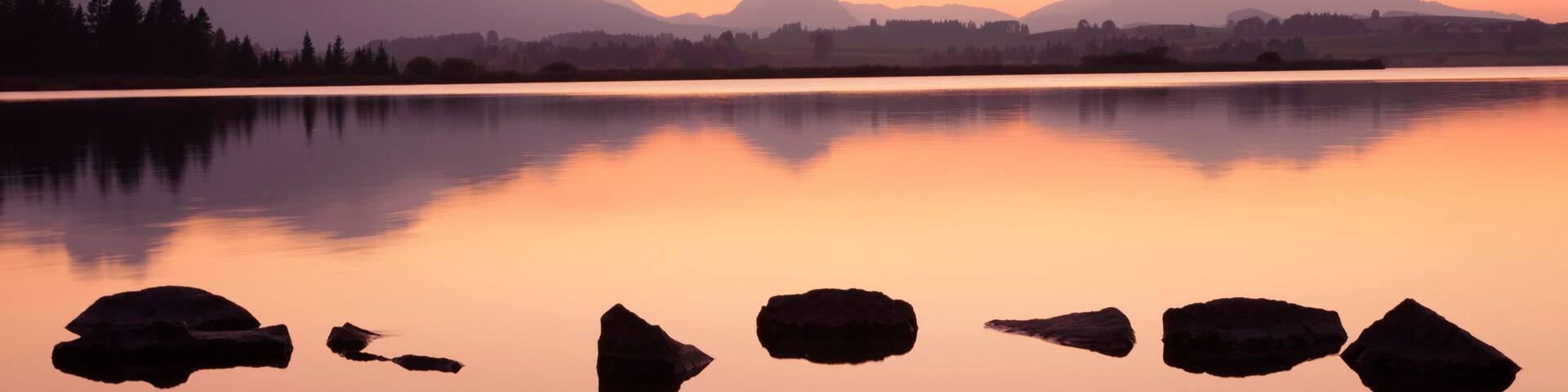 Sunset at Hopfensee Lake, near Fussen, Allgau, Allgau Alps, Bavaria, Germany