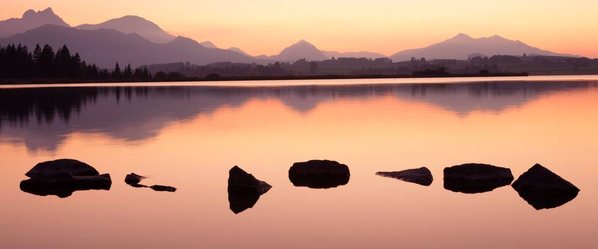 Sunset at Hopfensee Lake, near Fussen, Allgau, Allgau Alps, Bavaria, Germany