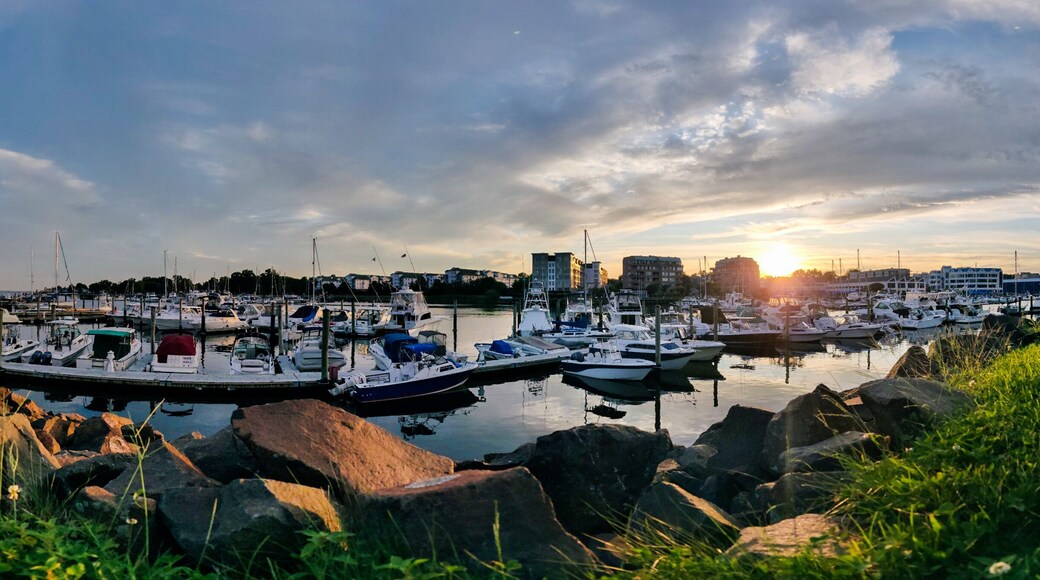 Golden hour sunset over harbor - panorama view of Harbor View, Stamford City, Connecticut
