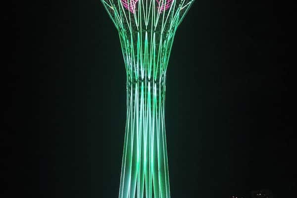 The Bayterek dressed in green and pink