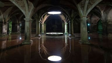 EL JADIDA, MOROCCO. The old Manueline Cistern with reflection. Sunlight beam in darkness, dark room on ground floor in Portuguese Cisterns.