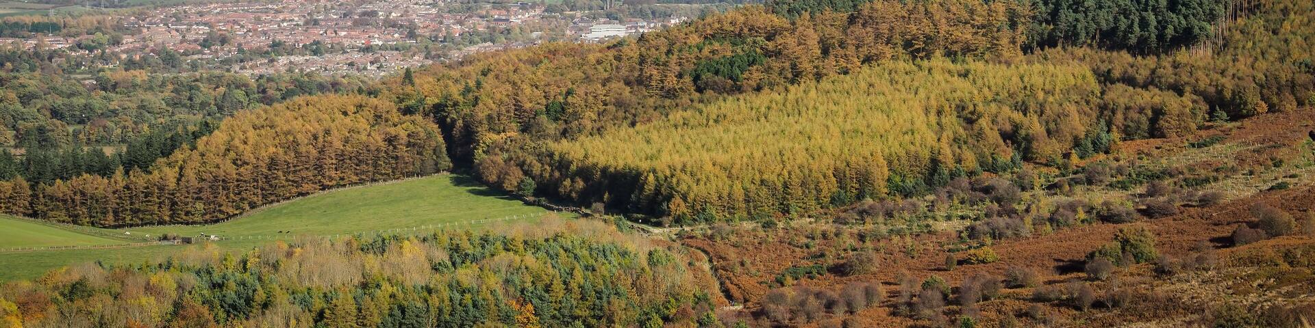 View from the summit of Roseberry Topping, Yorkshires Matterhorn, with a rainbow arcing over Guisborough under a moody sky, North York Moors National Park, UK