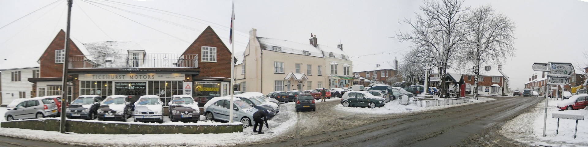 Ticehurst Square & High Street In Snow From Pickforde Lane junction.