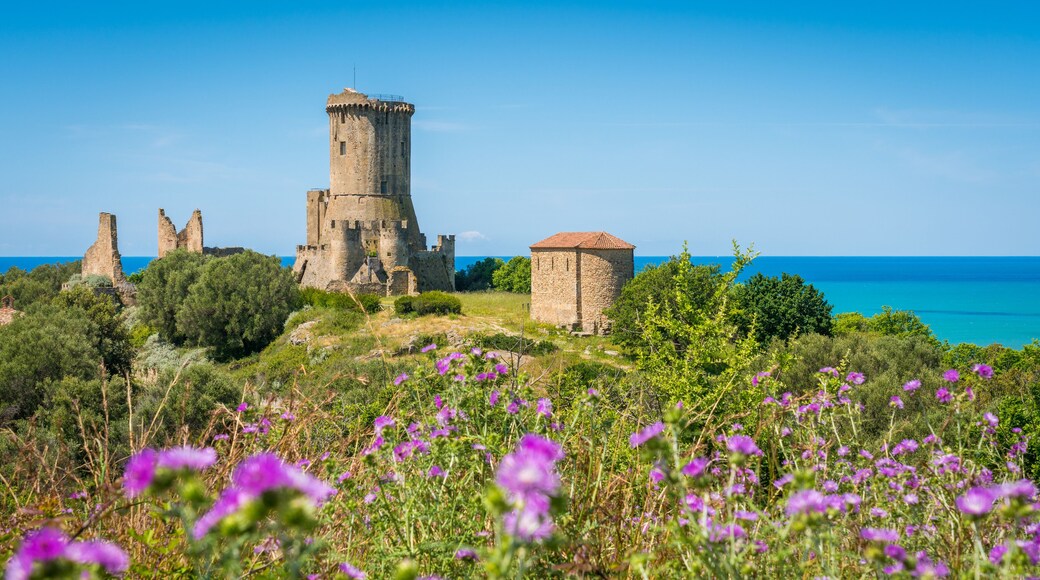 Ruins of the ancient city of Velia with the sea in the background, near Ascea, Cilento, Campania, southern Italy.
