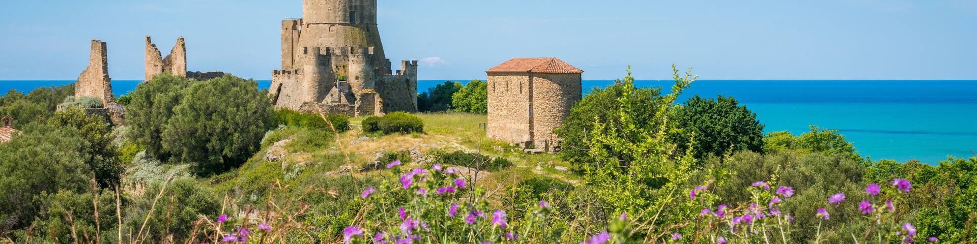 Ruins of the ancient city of Velia with the sea in the background, near Ascea, Cilento, Campania, southern Italy.