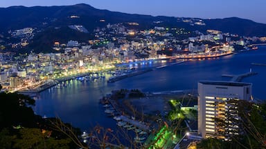 A coastal cityscape at dusk with illuminated buildings, a bridge, and a marina.