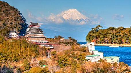 Eine traditionelle japanische Burg, im Hintergrund der Berg Fuji, und eine Küstenlandschaft mit Booten.