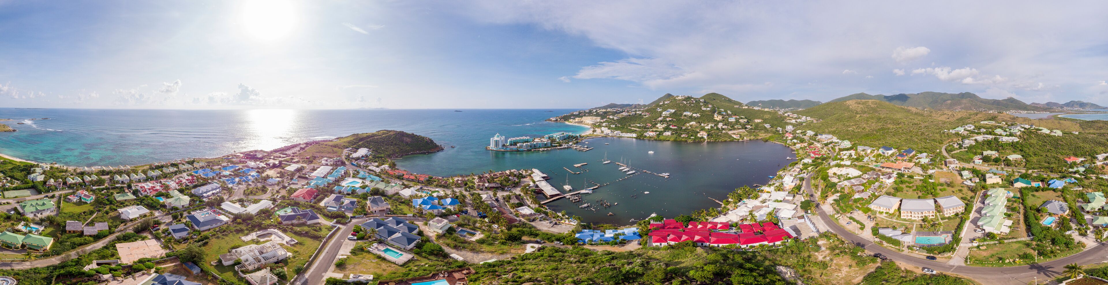 Aerial view of the Caribbean island of Sint maarten /Saint Martin. Oyster pond and Dawn beach Panorama view.