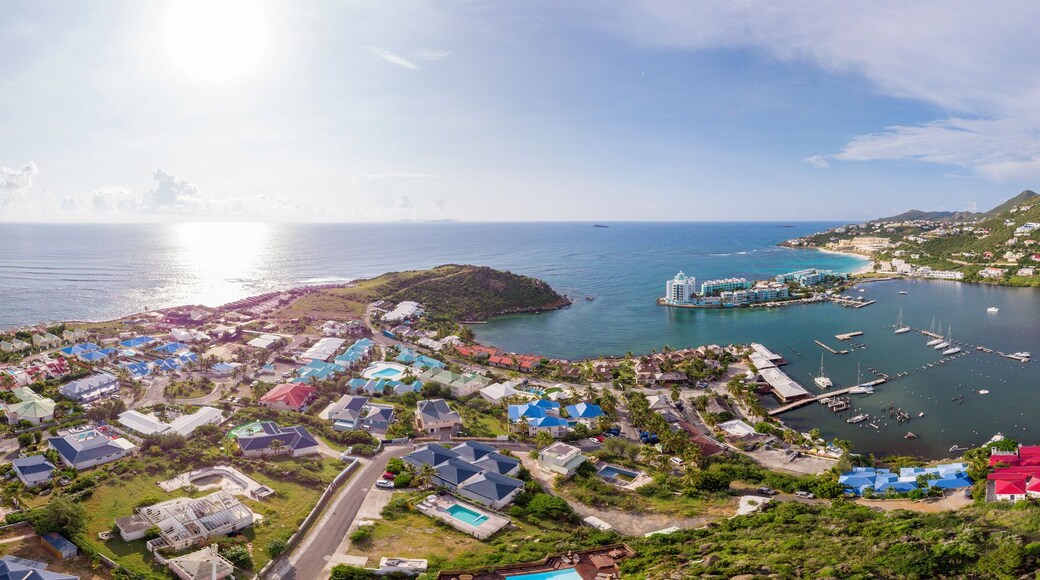 Aerial view of the Caribbean island of Sint maarten /Saint Martin. Oyster pond and Dawn beach Panorama view.