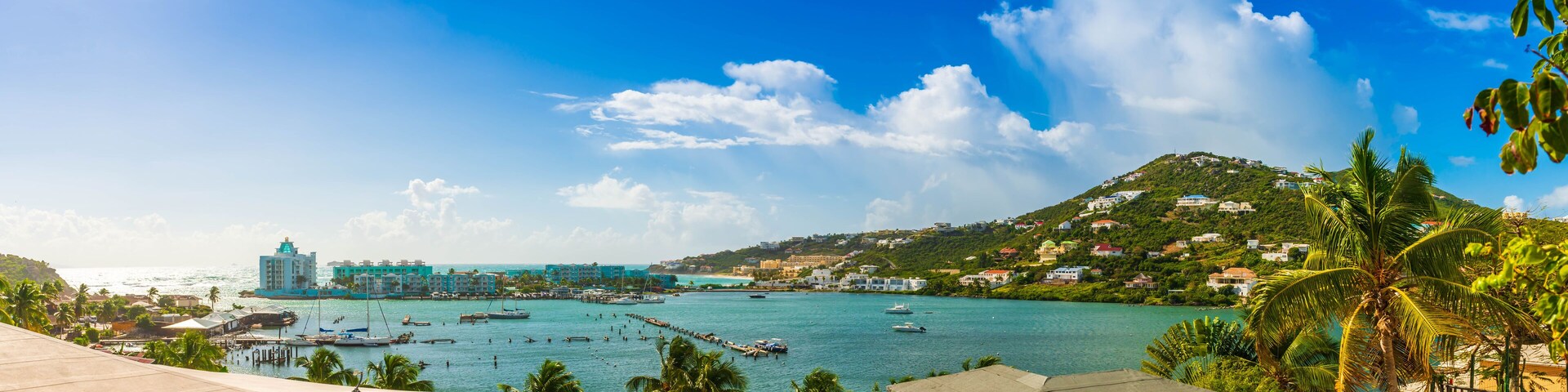 A coastal town with a marina, boats, and houses on a hillside.