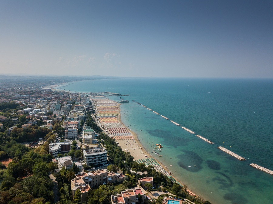 Italy, August 2018 - aerial view of Gabicce Mare and the Romagna coast with Cattolica, Riccione and Rimini, Shutterstock ID 1160410432, Purchase Order: SP-1506 Go Guides, Order Number: , Client/Licens