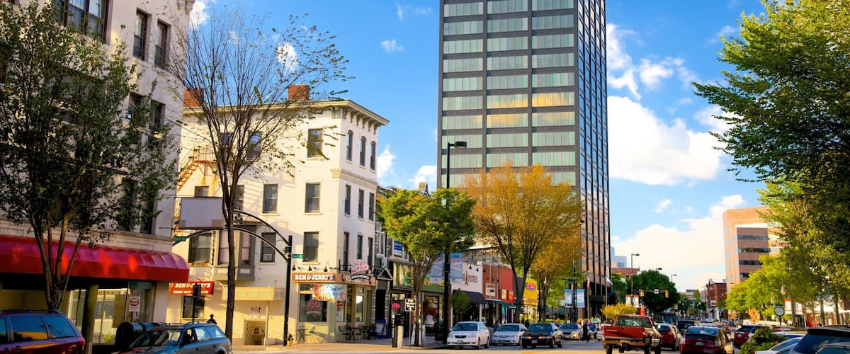 A city street with historic buildings, a modern skyscraper, and parked cars.