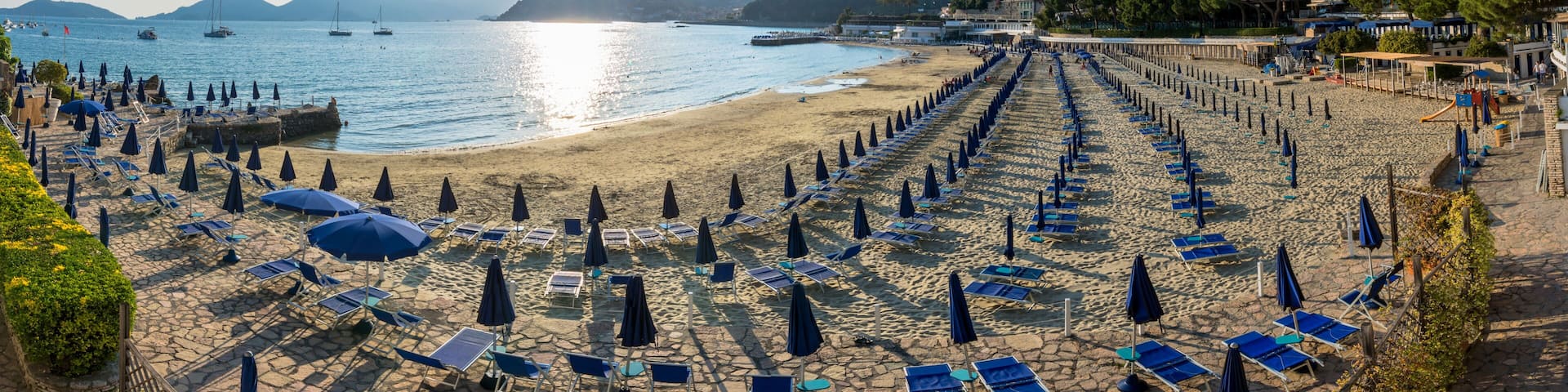 A beach with rows of sun loungers and umbrellas, a clear sky, and boats in the water.