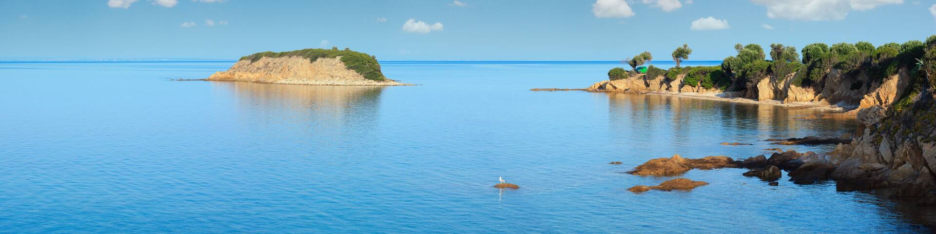 Morning Aegean Sea rocky coast view (Nikiti, Sithonia, Halkidiki, Greece).