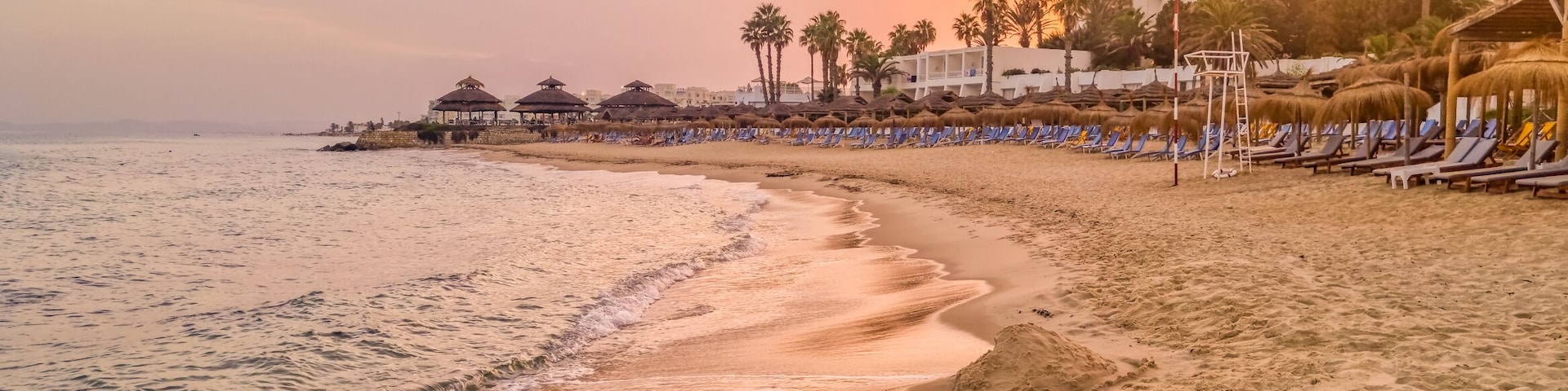 Una playa con olas, sombrillas y palmeras durante el atardecer.