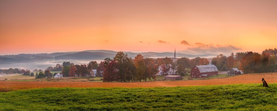 Morning breaks over Peacham, Vermont with a dog admiring the vibrant sky