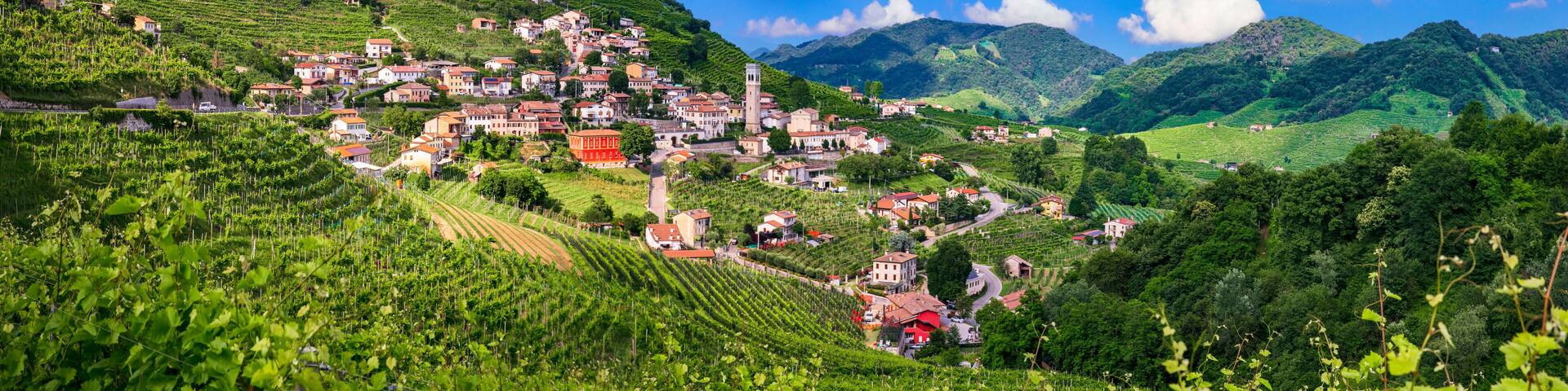 famous wine region in Treviso, Italy. Valdobbiadene hills and vineyards on the famous prosecco wine route.